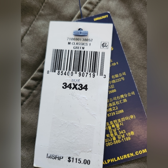 SOLD!!$115 Polo Ralph Lauren Chino Pants Mens 34x34 Green Khaki Stretch Straight - Picture 6 of 10